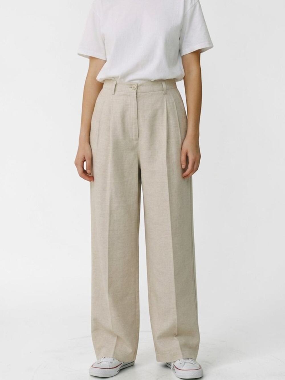 Liz Sport Tan Linen Cotton High Waist  Blend Pants With Pockets 10